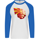Curled Macedonia Flag Macedonian Day Football Mens L/S Baseball T-Shirt White/Royal Blue