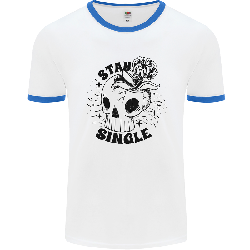 Stay Single Anti Valentines Singles Day Skull Mens Ringer T-Shirt White/Royal Blue