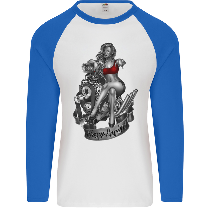 Sexy Engine Muscle Car Hot Rod Hotrod Mens L/S Baseball T-Shirt White/Royal Blue