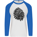 Indian Skull Headdress Biker Motorbike Mens L/S Baseball T-Shirt White/Royal Blue