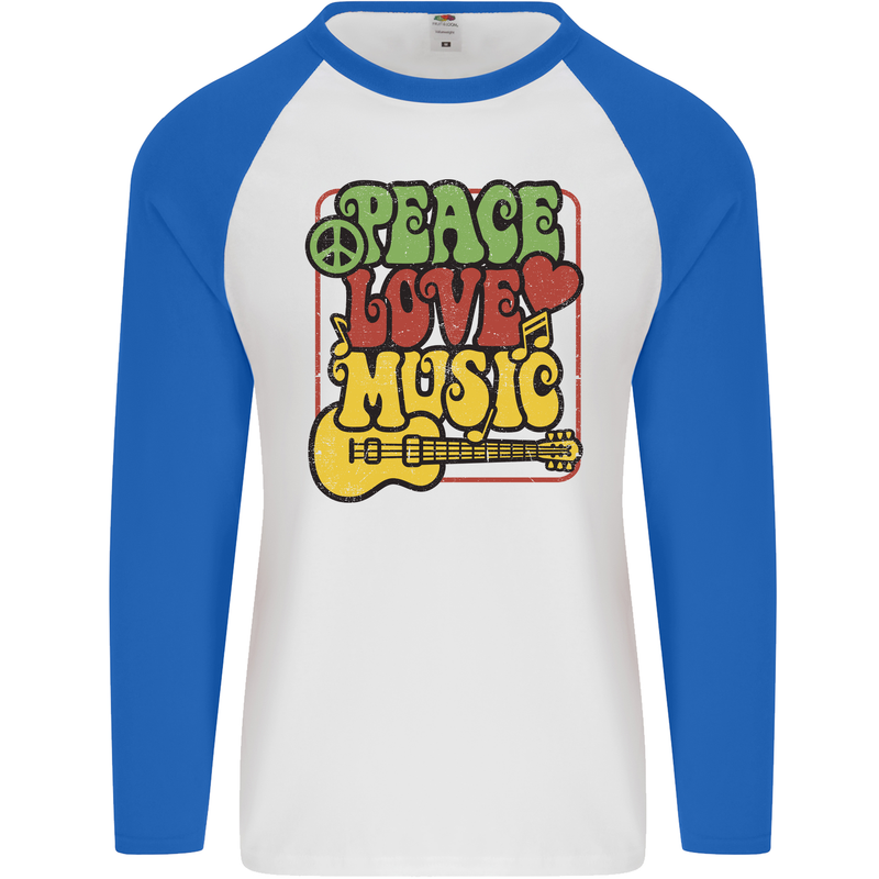 Peace Love Music Guitar Hippy Flower Power Mens L/S Baseball T-Shirt White/Royal Blue