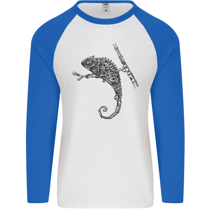 Steampunk Chameleon Mens L/S Baseball T-Shirt White/Royal Blue