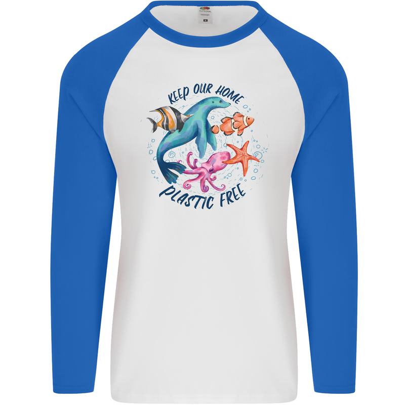 Plastic Free Climate Change Octopus Seal Fish Mens L/S Baseball T-Shirt White/Royal Blue