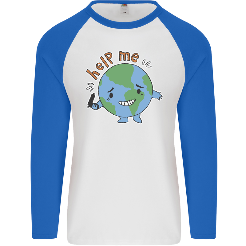 Help Me Climate Change Environment Mens L/S Baseball T-Shirt White/Royal Blue