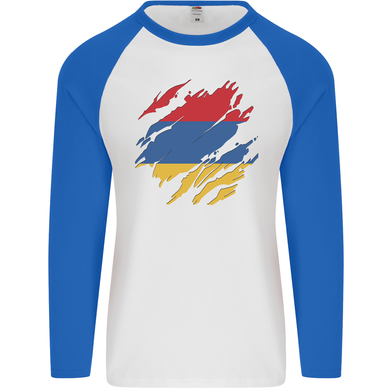 Torn Armenia Flag Armenian Day Football Mens L/S Baseball T-Shirt White/Royal Blue