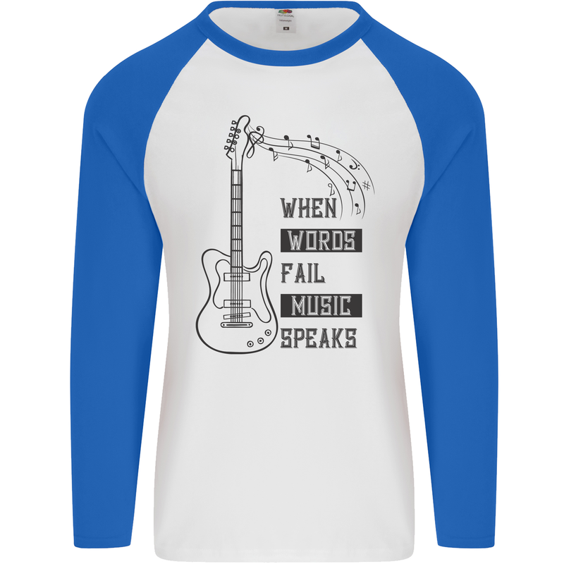 Guitar When Words Fail Music Speaks Mens L/S Baseball T-Shirt White/Royal Blue