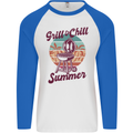 Chill & Grill Funny Summer BBQ Braai Mens L/S Baseball T-Shirt White/Royal Blue