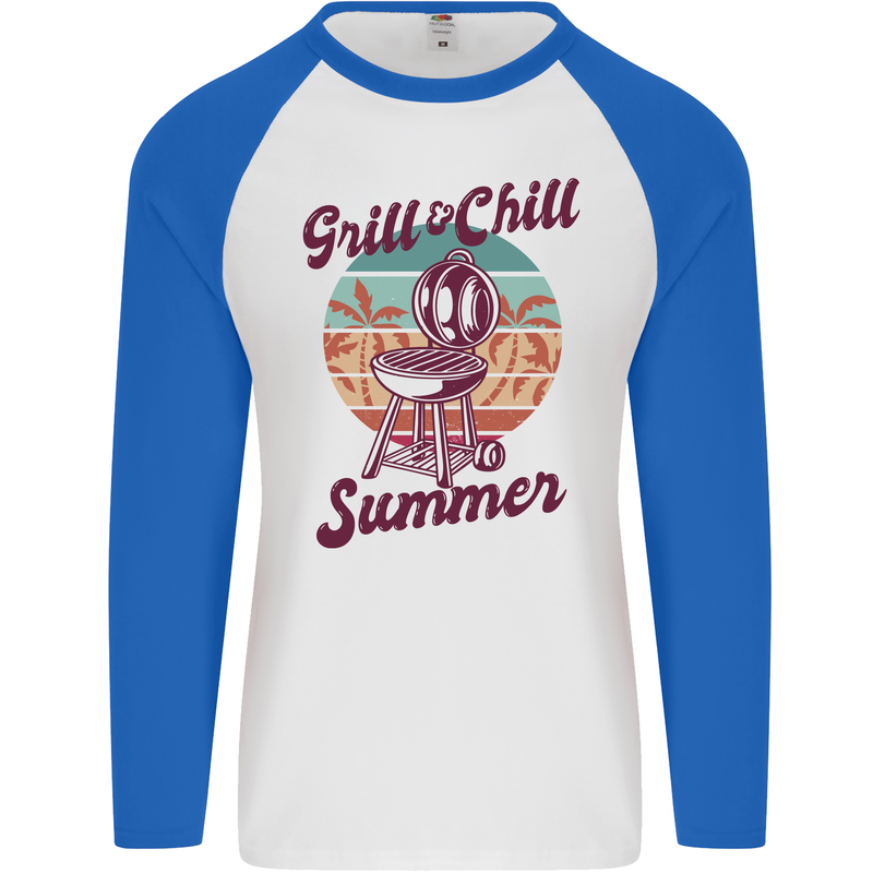 Chill & Grill Funny Summer BBQ Braai Mens L/S Baseball T-Shirt White/Royal Blue