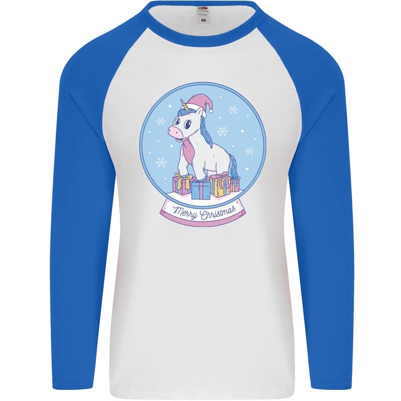 Christmas Unicorn Snow Globe Mens L/S Baseball T-Shirt White/Royal Blue