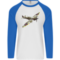 A Supermarine Spitfire Fying Solo Mens L/S Baseball T-Shirt White/Royal Blue