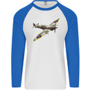 A Supermarine Spitfire Fying Solo Mens L/S Baseball T-Shirt White/Royal Blue