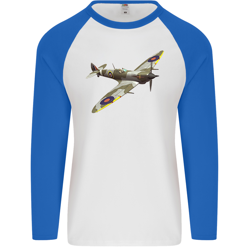 A Supermarine Spitfire Fying Solo Mens L/S Baseball T-Shirt White/Royal Blue