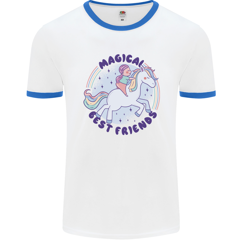 Magical Friends a Girl Riding a Unicorn Mens Ringer T-Shirt White/Royal Blue