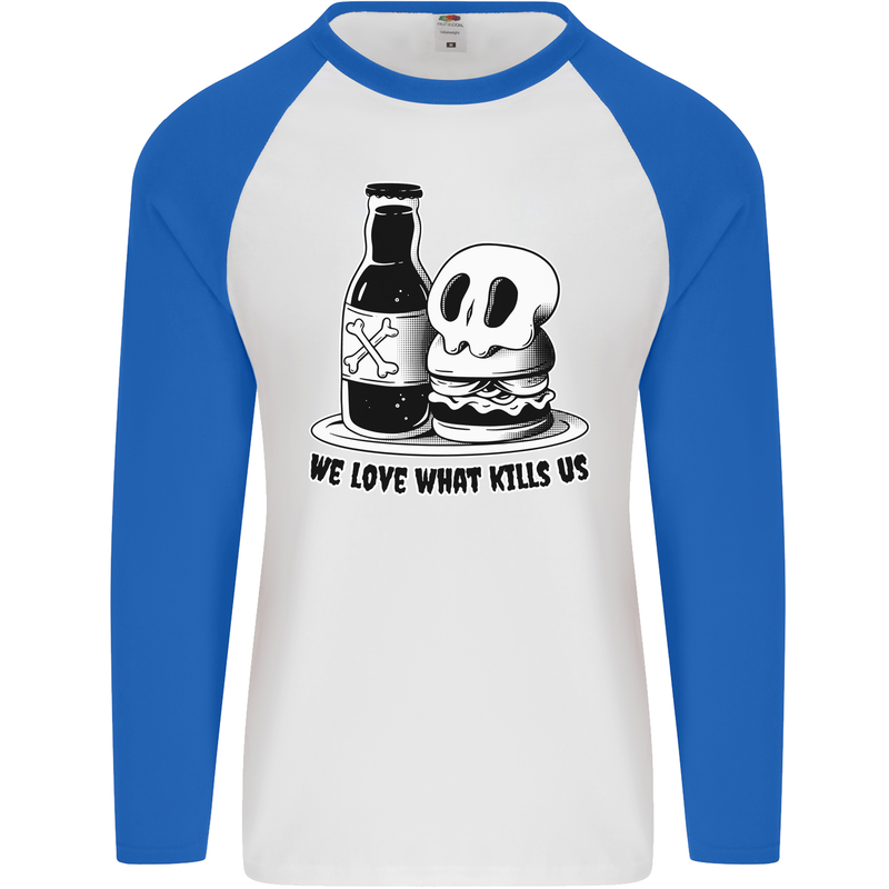 What We Love Kills Us Burger Food Skull Mens L/S Baseball T-Shirt White/Royal Blue