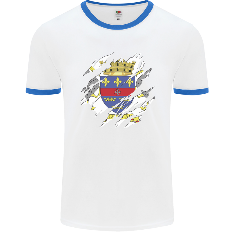 Torn Flag Saint Barthelemy Mens Ringer T-Shirt White/Royal Blue