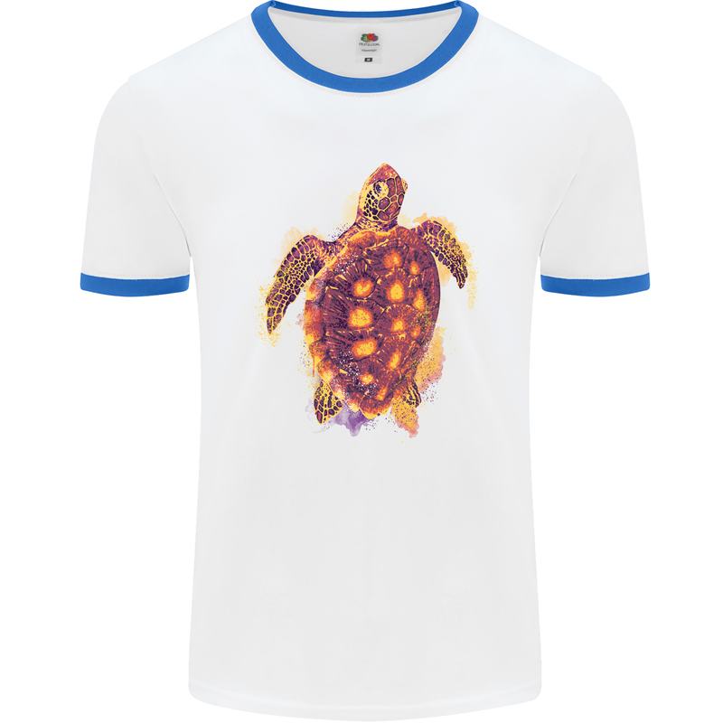 A Watercolour Turtle Mens Ringer T-Shirt White/Royal Blue