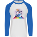 Mystical Panda Bear Unicorn Cat and Shark Mens L/S Baseball T-Shirt White/Royal Blue