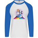 Mystical Panda Bear Unicorn Cat and Shark Mens L/S Baseball T-Shirt White/Royal Blue