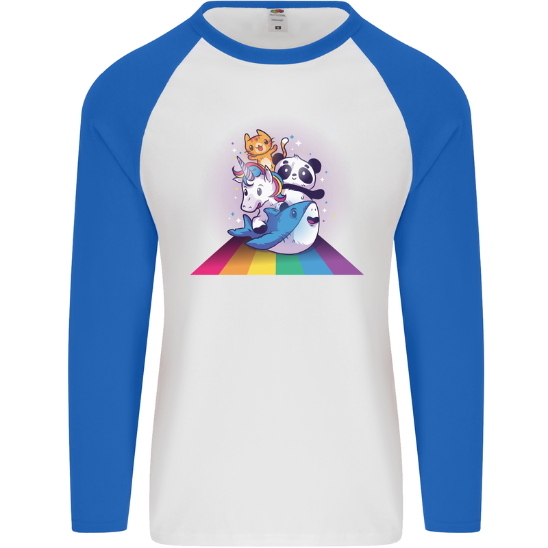 Mystical Panda Bear Unicorn Cat and Shark Mens L/S Baseball T-Shirt White/Royal Blue