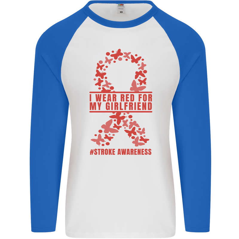 Wear Red For My Girlfriend Stroke Awareness Mens L/S Baseball T-Shirt White/Royal Blue
