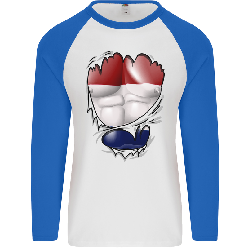 Gym The Dutch Flag Ripped Muscles Holland Mens L/S Baseball T-Shirt White/Royal Blue