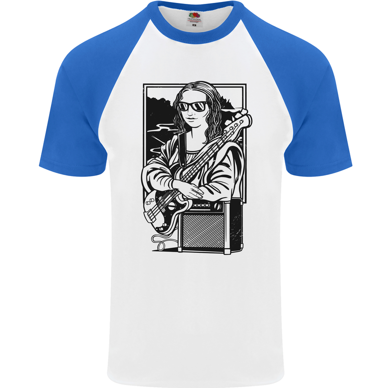 Electric Guitar Mona Lisa Rock Music Player Mens S/S Baseball T-Shirt White/Royal Blue