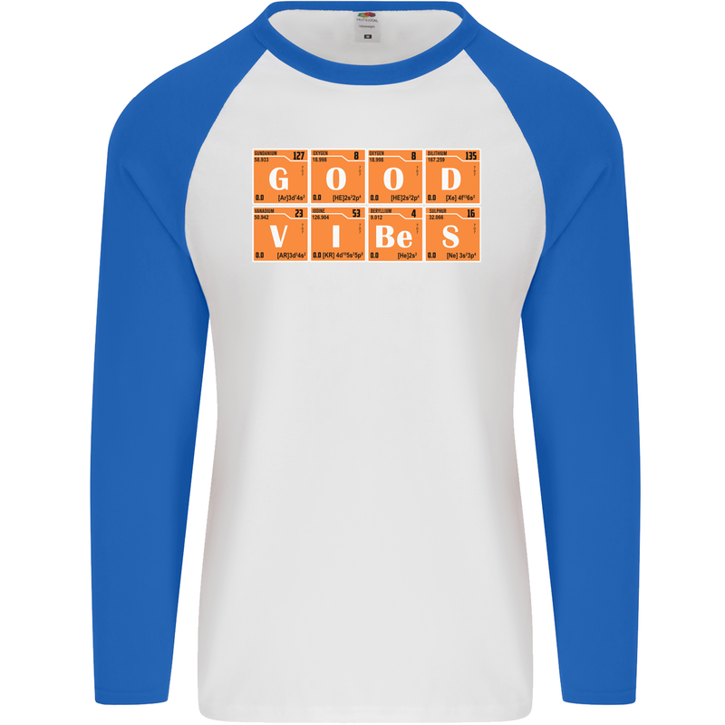 Good Vibes Periodic Table Chemistry Funny Mens L/S Baseball T-Shirt White/Royal Blue