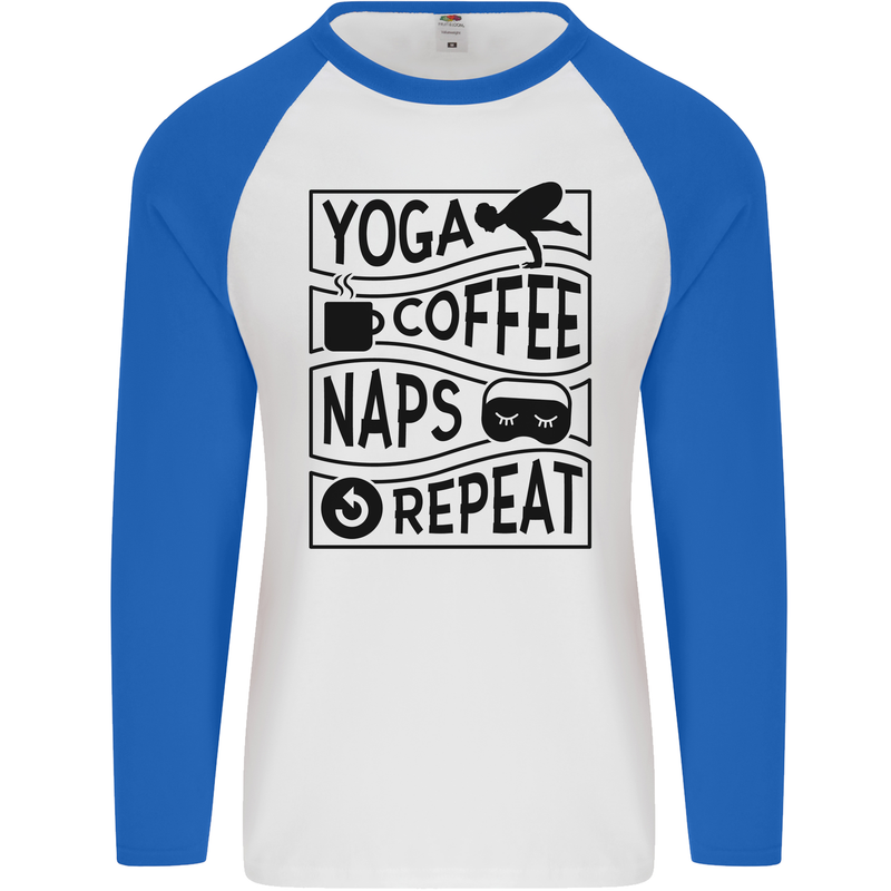 Funny Yoga Coffee Naps Repeat Mens L/S Baseball T-Shirt White/Royal Blue