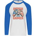 American USA Gamer Video Games Joypad Mens L/S Baseball T-Shirt White/Royal Blue