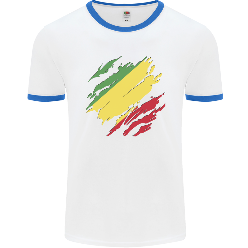 Torn Republic of the Congo Flag Day Football Mens Ringer T-Shirt White/Royal Blue