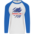 Torn Cape Verde Flag Verdean Day Football Mens L/S Baseball T-Shirt White/Royal Blue