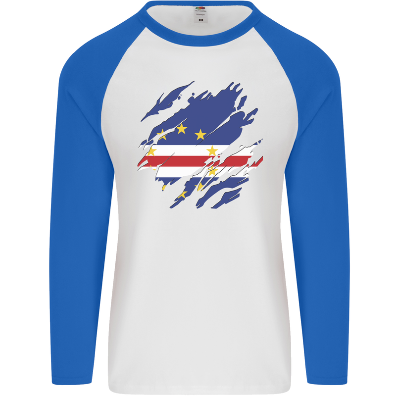 Torn Cape Verde Flag Verdean Day Football Mens L/S Baseball T-Shirt White/Royal Blue