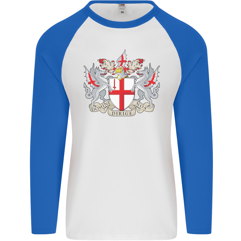 London Coat of Arms St Georges Day England Mens L/S Baseball T-Shirt White/Royal Blue