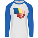 Curled Romania Flag Romanian Day Football Mens L/S Baseball T-Shirt White/Royal Blue