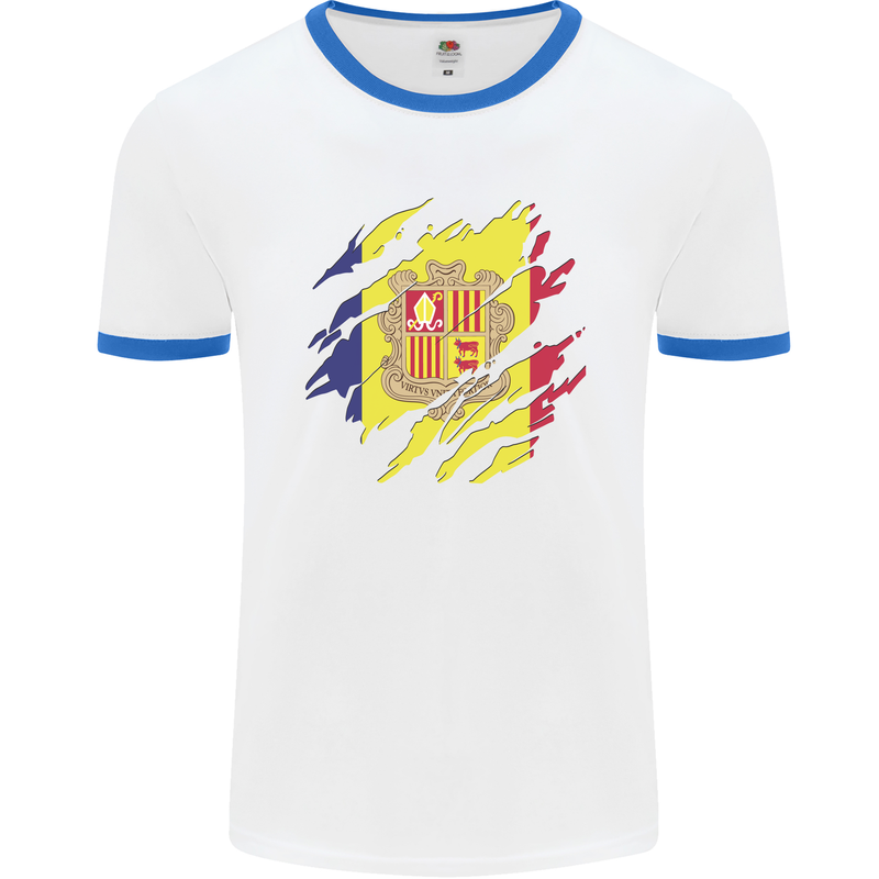 Torn Andorra Flag Andorran Day Football Mens Ringer T-Shirt White/Royal Blue