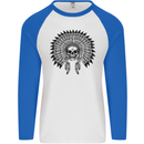 Indian Skull Headdress Biker Motorcycle Mens L/S Baseball T-Shirt White/Royal Blue
