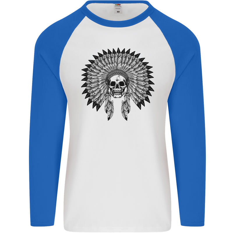 Indian Skull Headdress Biker Motorcycle Mens L/S Baseball T-Shirt White/Royal Blue