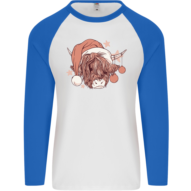 Funny Christmas Highland Cow Santa Hat Mens L/S Baseball T-Shirt White/Royal Blue