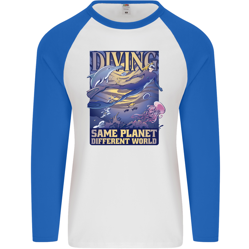 Diver Same Planet Different World Mens L/S Baseball T-Shirt White/Royal Blue