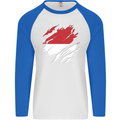 Torn Indonesia Flag Indonesian Day Football Mens L/S Baseball T-Shirt White/Royal Blue