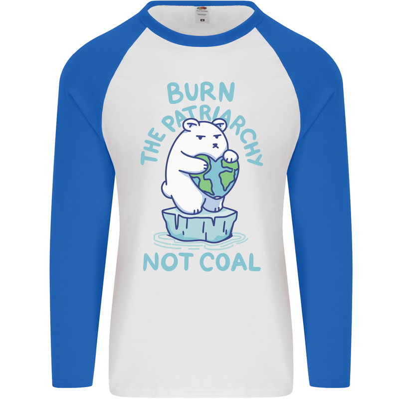 Environment Burn the Patriachy Not Coal Mens L/S Baseball T-Shirt White/Royal Blue