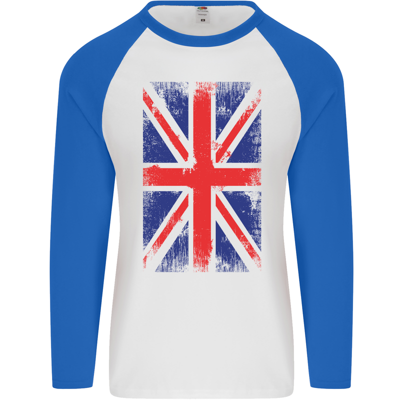 Union Jack British Flag Great Britain Mens L/S Baseball T-Shirt White/Royal Blue