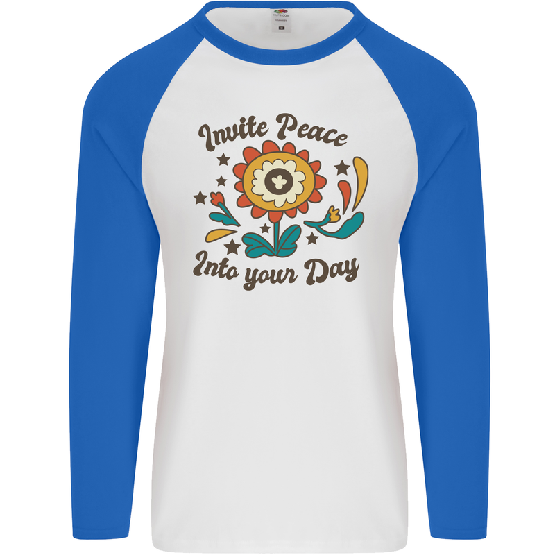 Invite Peace Into Your Day Hippy Love 60's Mens L/S Baseball T-Shirt White/Royal Blue