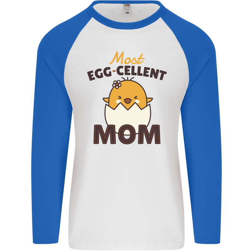 Mother's Day Easter Most Egg-cellent Mom Mens L/S Baseball T-Shirt White/Royal Blue