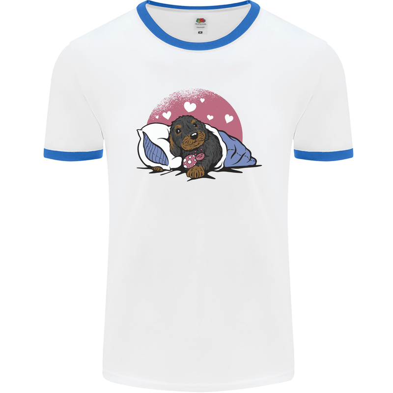 A Dachshund in Bed Dog Mens Ringer T-Shirt White/Royal Blue