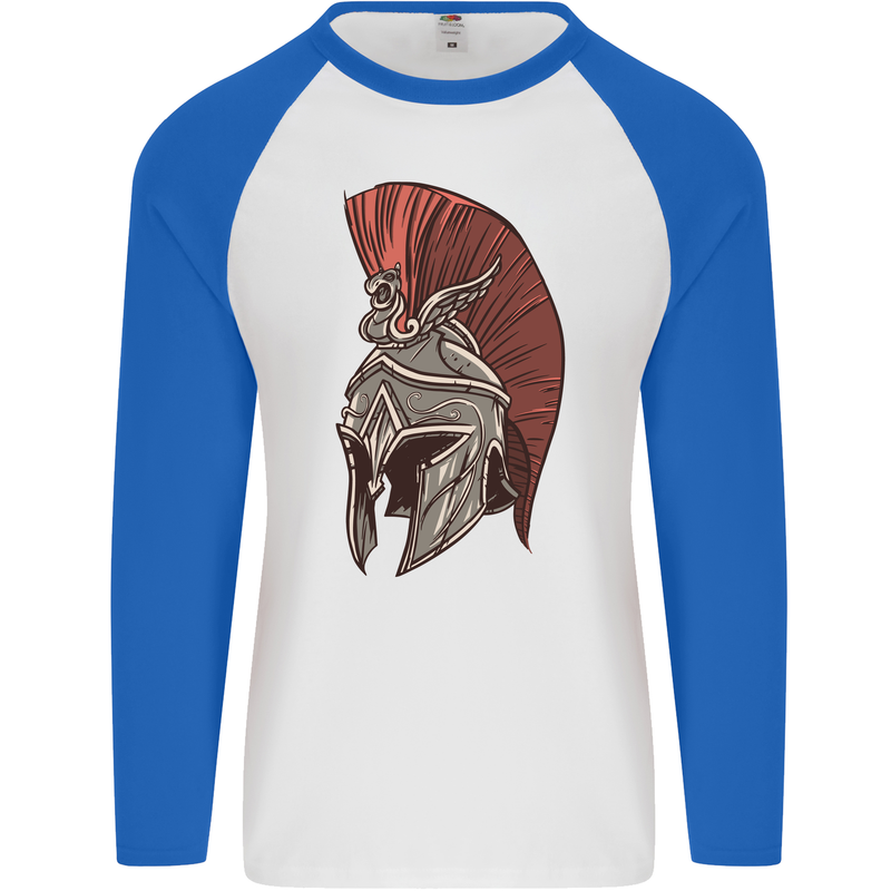 Roman Helmet Bodybuilding Gym Spartan Mens L/S Baseball T-Shirt White/Royal Blue