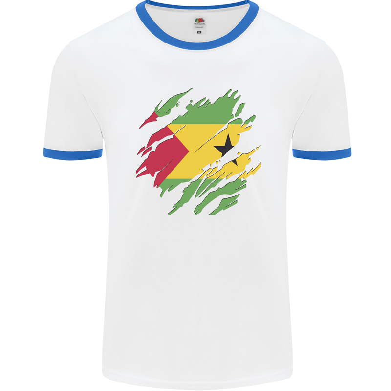 Torn Sao Tome and Principe Flag Day Football Mens Ringer T-Shirt White/Royal Blue