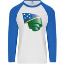 Curled Solomon Islands Flag Day Football Mens L/S Baseball T-Shirt White/Royal Blue