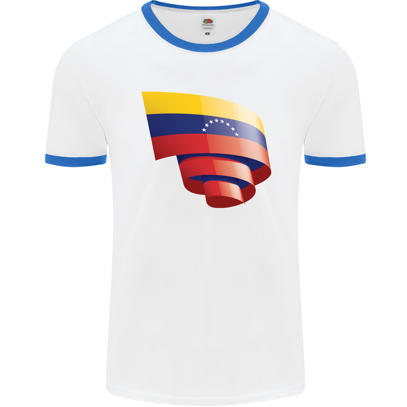 Curled Venezuela Flag Venezuelans Day Football Mens Ringer T-Shirt White/Royal Blue