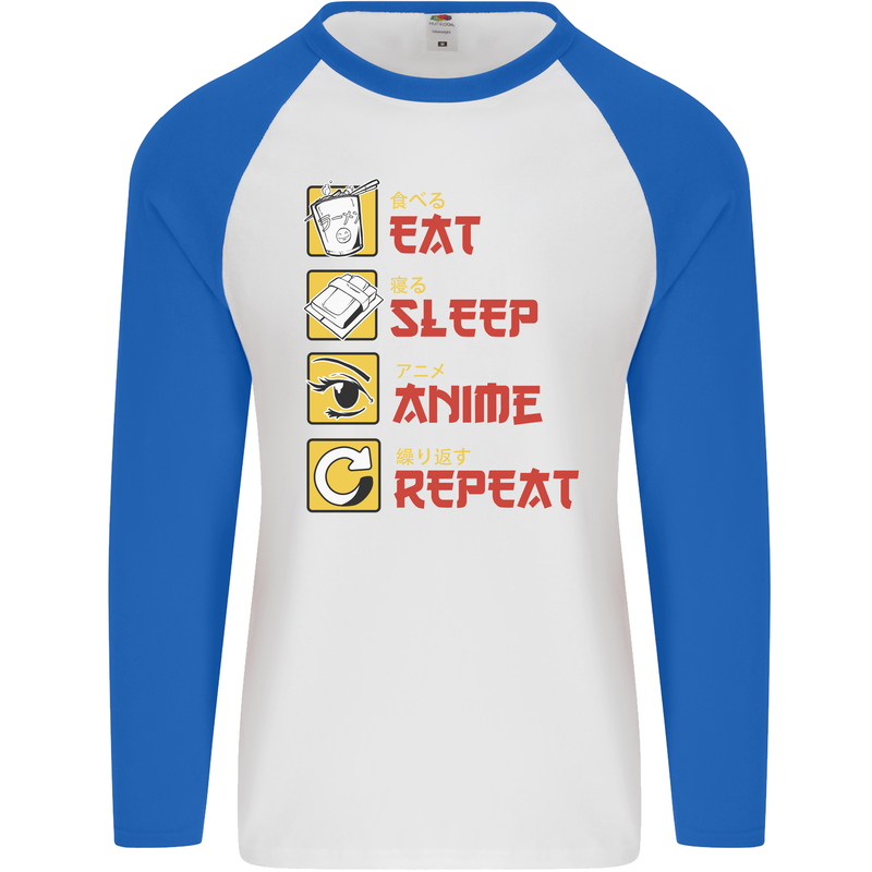 Eat Sleep Anime Repeat Mens L/S Baseball T-Shirt White/Royal Blue